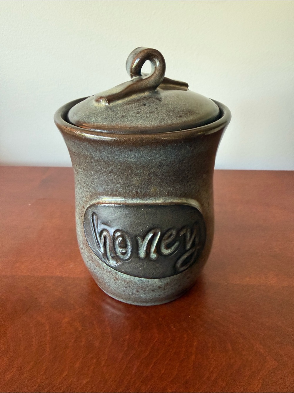 Handcrafted Stoneware Honey Jar - Earth tone brown, green, gray